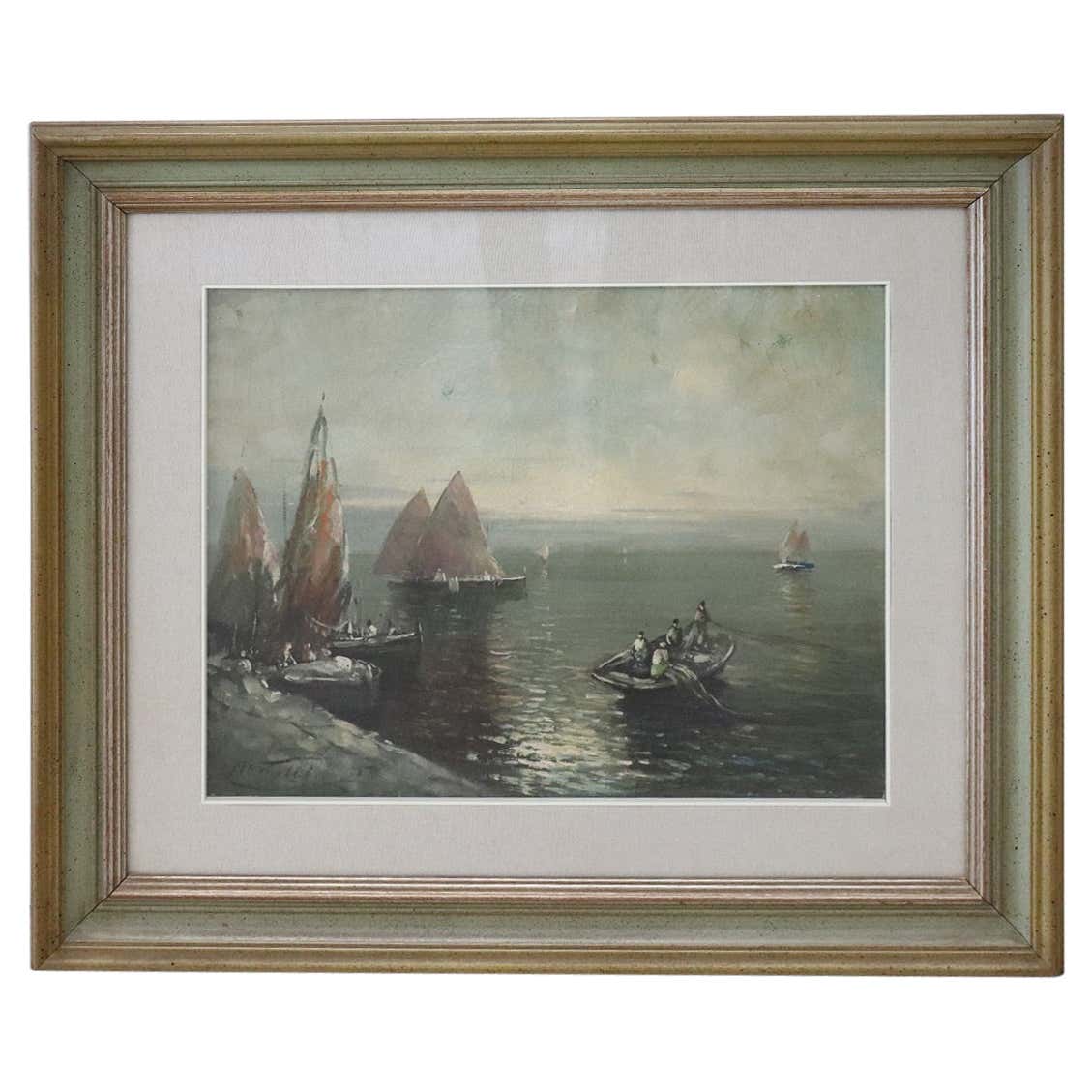 Dipinto olio su tela marina con pescatori, quadro firmato, sec. XX
