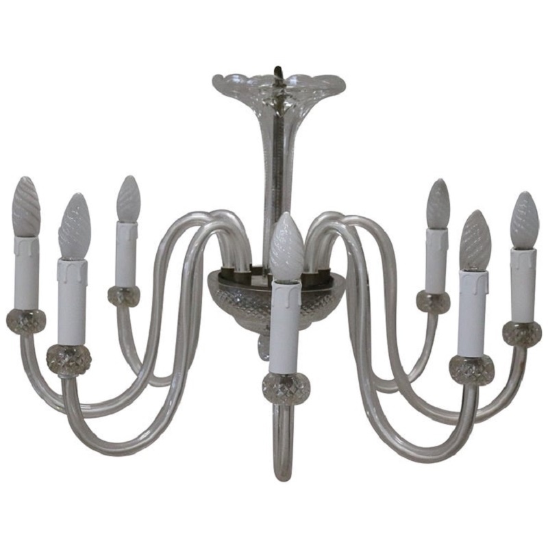 Lampadario vintage in vetro di Murano trasparente, anni '80, Otto luci