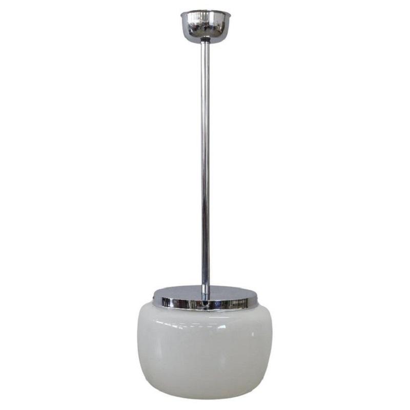 Lampada a sospensione in vetro e metallo cromato anni ’60