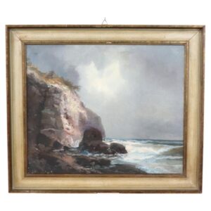 dipinto olio su tela secolo XX marina con scogliera