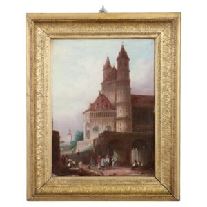 Dipinto olio su tavola secolo XIX la Cattedrale di Worms
