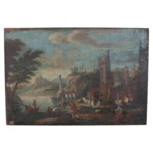 Dipinto antico olio su tela secolo XVIII paesaggio animato