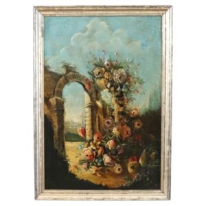 dipinto olio su tela secolo XIX natura morta con rovine